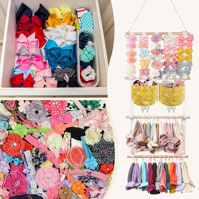 kangaroo Hairband Organizer for Baby Girls, Large Capacity Bow Holder Hair Accessories Wall Hanging Organizer with 20 S-hooks and 2 Pockets, Yellow | Multi-pocket&Large Capacity | Wall Hanging-15"L x 30"H | Easy to Grab | Nursery Essentials | Baby's bo...