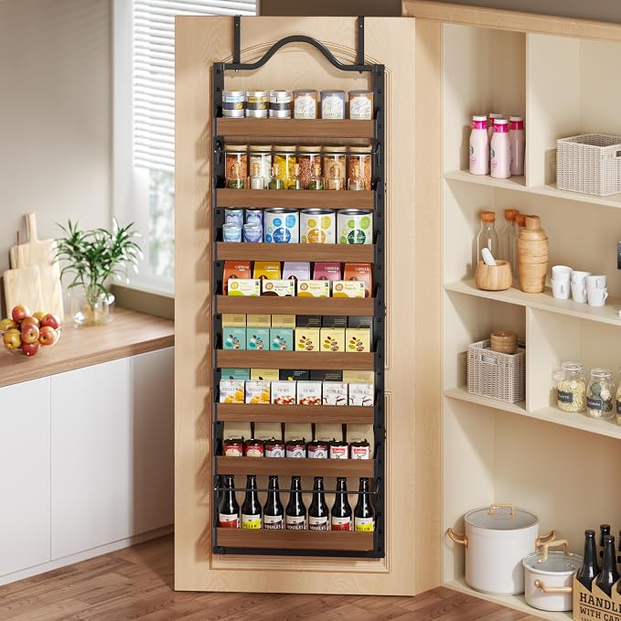8-Tier Pantry Door Organizer, Over the Door Pantry Organizer with Wooden Adjustable Baskets, 2 IN 1 Spice Rack Wall Mount or Door Organizer, Door Spice Rack for Pantry（72.6×17.1×5.1in,Black)