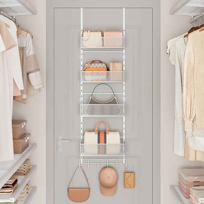 SWTYMIKI Over the Door Purse Organizer - Wall Mounted Purse Rack with 4 Adjustable Metal Basket and 6 Hooks, Hanging Bag Rack for Handbag Organizer, Bag Storage Can Use As 1/2 Part, for Door