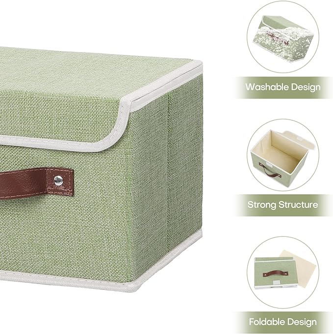 ANMINY Storage Bin with Lid Storage Boxes with PU Leather Handles PP Plastic Board Decorative Foldable Lidded Cotton Linen Fabric Home Cubes Baskets Closet Organizer Container - Green, Small Size