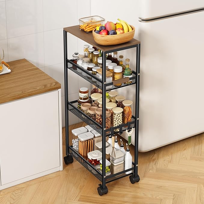 Utility Slim Storage Cart, 4 Tier Rolling Cart with Wheels, Laundry Shelves with Wood Top, Narrow Cabinet for Bathroom Organization, Small Organizer for Kitchen, Office and Dorm (Black, 9.1'')