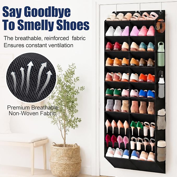 UVIAHOMI 20-30 Pairs Over the Door Shoe Organizer with Side Mesh Pockets, 10-Tier Hanging Shoe Storage for Closet, Breathable Door Shoe Rack Holds Sneakers, Boots, Heels & Daily Essentials, Black
