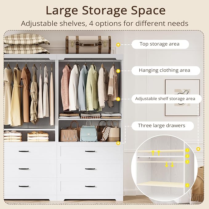 IRONCK Freestanding Closet System with 3 Wood Drawers, Modern Armoire Wardrobe with Adjustable Shelves & Hanging Rod, Walk-in Closet Systems Organizer for Small Closet, 31.5" White