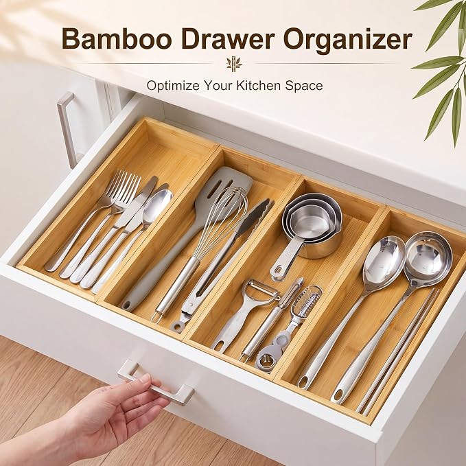 4 Pcs Bamboo Drawer Organizer Stackable Utensil Organizer for Kitchen Bamboo Storage Box Wood Silverware Tray for Drawer, Dresser, Bathroom (15" X 6" X 2")