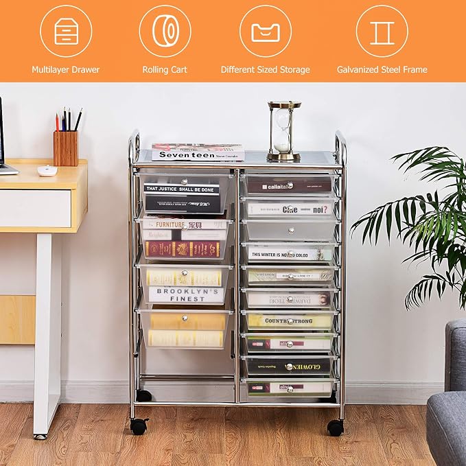 HAPPYGRILL 15-Drawer Rolling Cart, Storage Carts with Removable Drawers & Steel Frame, Utility Cart on Lockable Wheels for Home, School, Office,Clear