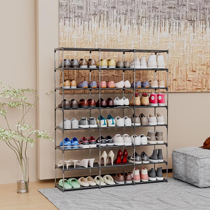 SMILHELTD Large Shoe Rack 3 Row 8 Tier for Entryway Organizer 48 Pairs, Tiered Sneaker Shelves with Dust-Proof Mats, Space Saving Storage for Garage Closet, DIY Assembly, 49.2" W x 50.8" H