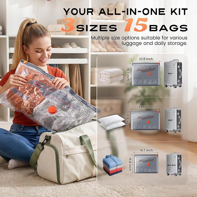 15 Combo Travel Vacuum Storage Bags with Portable Cordless Electric Pump | Vacuum Seal Bags for Clothing and Suitcase, Airtight Triple Seal, Save 80% Space, Cruise Vacations, Bedding, Seasonal Storage
