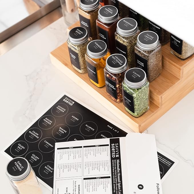 Spice Labels for Glass Jars, 202 Round Preprinted Waterproof Kitchen Spice Labels Stickers, Seasoning Organization Black Pantry Herbs Label for Top Lid, Chalkboard Labels for Spice Jars