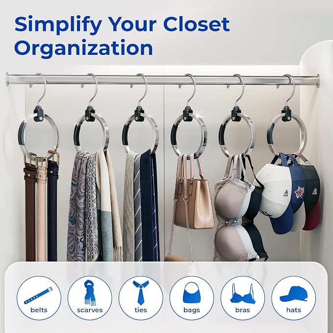 Rolly Hanger® Premium Closet Organizer, Rotating Aluminum Ring Hanger with 360° Swivel Hook, Space Saving Accessory Holder for Belts, Ties, Hats, Scarves, Purses & Handbags | Closet Organizer (2 Pack)