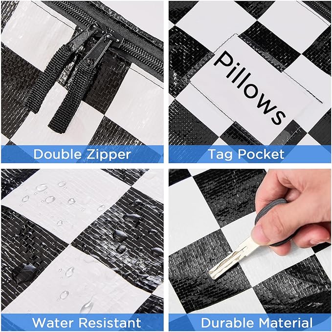 Extra Large Moving Bags Heavy Duty Storage Bags with Zipper Handles, BETU 2 Pack Clothes Storage Totes Bins Packing Moving Boxes, Moving Supplies for College Dorm Essentials, Space Saving,White Plaid