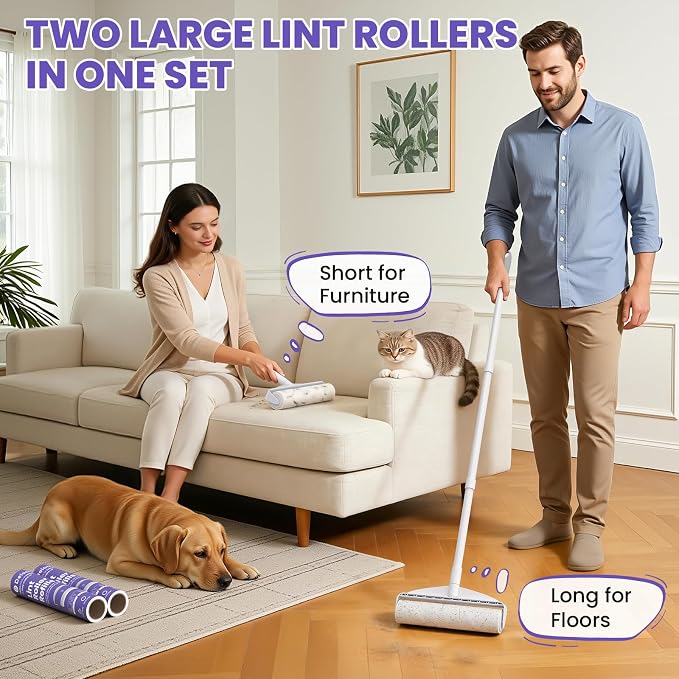 DELOMO 9.45” Large Lint Roller for Pet Hair, Long & Short Handles, 2 Packs | 360 Extra Sticky Sheets Total, Long Handle for No-Bend Cleaning Floors & Carpets, Short Handle for Couches & Furniture