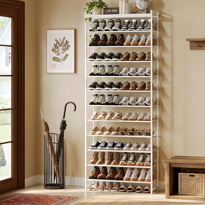 12 Tier Shoe Rack Organizer for 48-60 Pairs, Tall Metal Shoe Storage Shelf with Wood Top, Adjustable Boot Space, Narrow Design for Entryway Closet, White