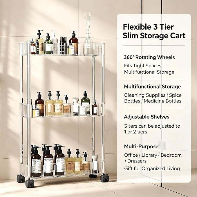 Sooyee Slim Clear 3-Tier Plastic Rolling Utility Cart with Wheels | Multi-Functional Storage Trolley, For Office, Living Room, Kitchen, Movable Storage Organizer