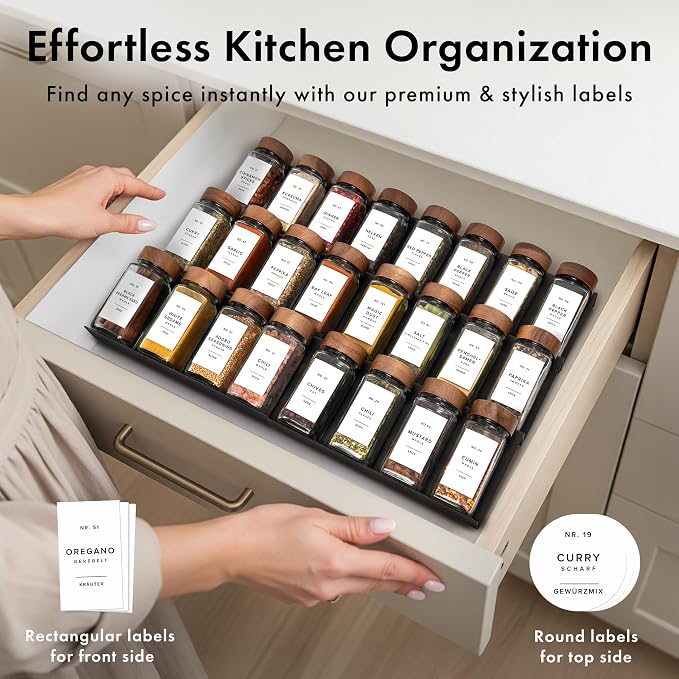 EDELHAUS Glass Spice Jars with Label, 24x Acacia Wooden Lids - White Labels | Airtight Lids keep spices fresh, Kitchen Spice Drawer Organizer, 4oz Seasoning Containers incl. Funnel, Brush & 240 Labels