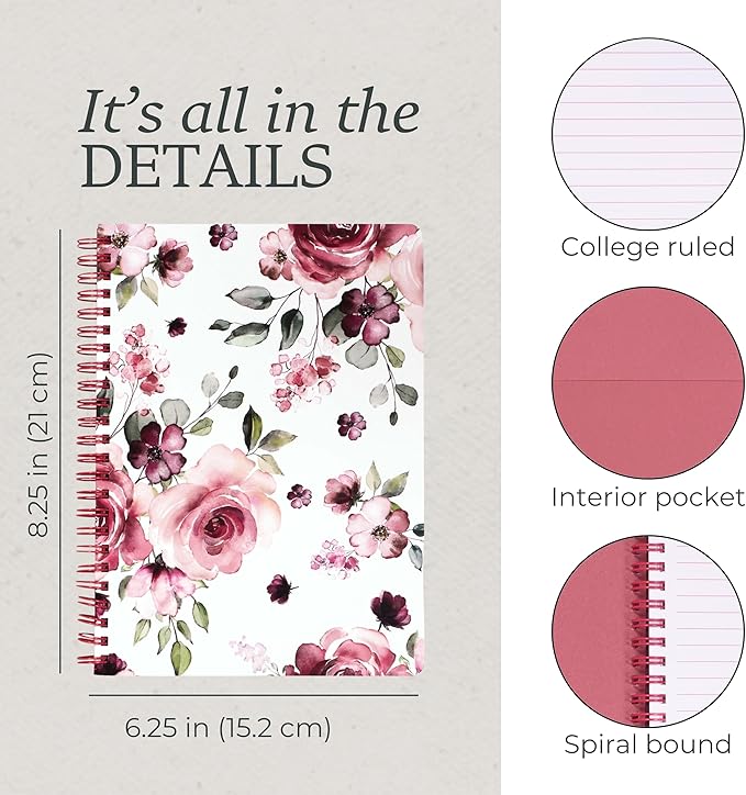 Steel Mill & Co Cute Mini Spiral Notebook, 8.25" x 6.25" Journal with Durable Hardcover and 160 Lined Pages, Rose Floral