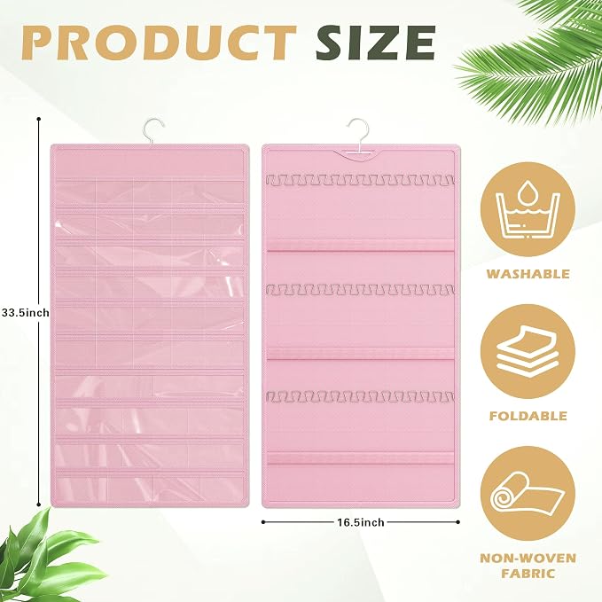 Hanging Jewelry Organizer, Double-Sided Necklaces Holder, Pink | 42 clear pockets organize rings & earrings; 36 wire necklace hooks reduce tangles; top hook hangs in closets, walls or doors.