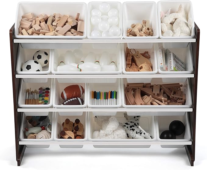 Humble Crew Toy Storage Organizer with 16 Removable Storage Bins for Kids Playroom, 4-Tier Toddler Toy Organization and Storage, Espresso/White
