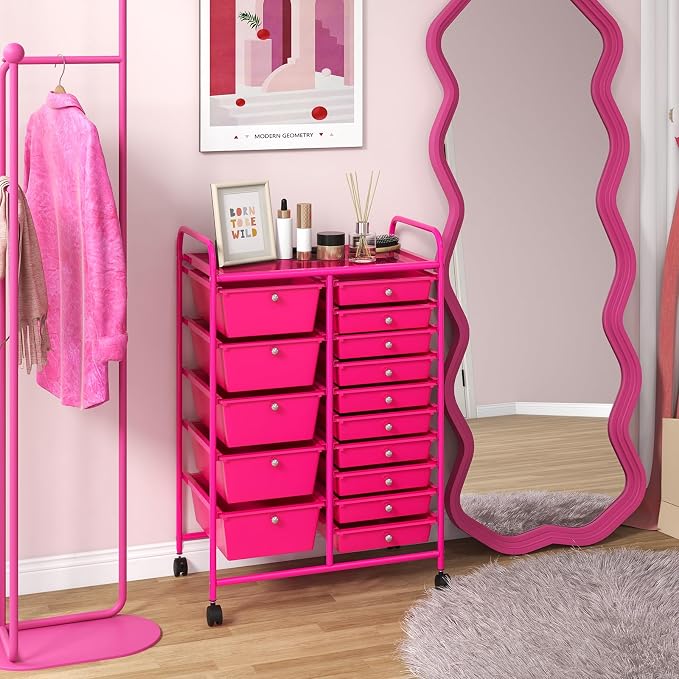 Moccha 15-Drawer Rolling Storage Cart - Under Desk Storage Drawers with wheels for Craft Art Supply Paper Salon, Scrapbook Paper Tools, Mobile Utility Cart for Classroom (15 Drawers, Hot Pink)