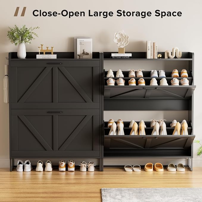 EOYUTLLY Shoe Cabinet for Entryway with 2 Flip Drawers,Narrow Wooden Shoe Storage Cabinet with Metal Legs,Hold 24 Pairs, 4-Tier Adjustable Shelves–Freestanding Hidden Shoe Organizer for Hallway, Foyer