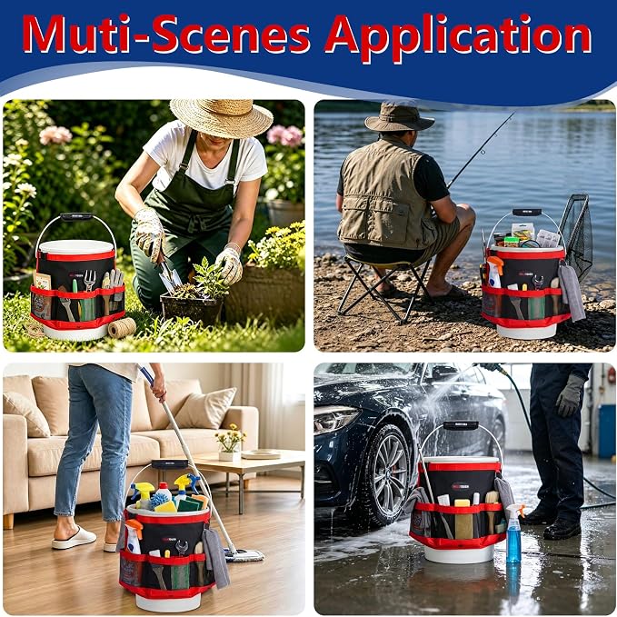 MELOTOUGH Bucket Tool Organizer Car Wash for Garden | Multiple Compartments, Fit 3.5-5 Gal Buckets, Durable Mesh Pockets, Water-Resistant, Easy To Carry, Car Washing