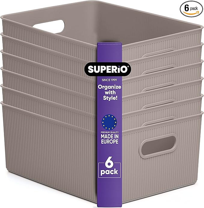 Superio Ribbed Collection - Decorative Plastic Basket Open Home Storage Bins Organizer, Large Taupe (6 Pack) Container Boxes for Organizing Closet Storage Bins for Shelves 15 Liter/16 Quart