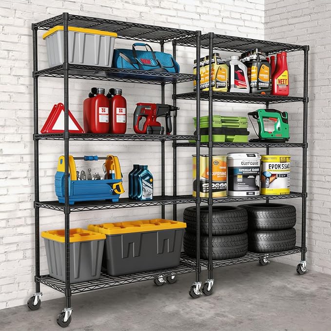 5 Tier Wire Metal Shelving Rack Garage Storage Rolling Shelves with Wheels | Heavy Duty Adjustable Industrial Shelve Steel Sturdy Utility Shelving for Kitchen Garage Pantry Bathroom Laundry