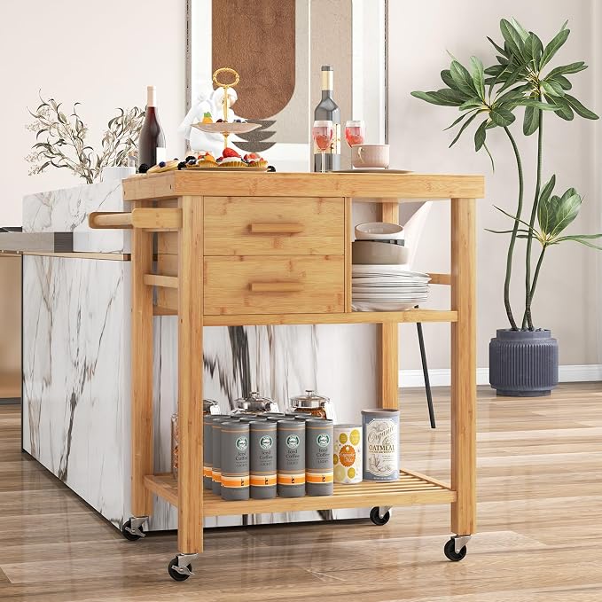 Kitchen Island, Rolling Butcher Block Kitchen Cart on Wheels, Bamboo Kitchen Trolley with Drawers, Shelves, Towel Rack, Small Kitchen Island Cart for Dining Room