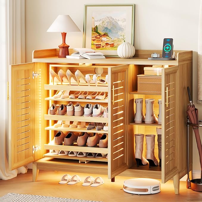 Vlsrka Shoe Storage Cabinet with Shutter Doors and Adjustable Shelves | 6 Tier Wooden Shoe Organizer, Large Capacity, Human Sensor Lighting, 180° Rotating, for Entryway, Hallway, Living Room, Wood
