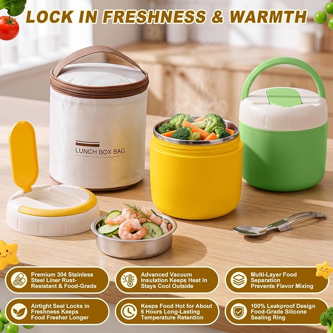 2 Pack 40 oz Insulated Food Jar with 2 Compartments, Stainless Steel Double Wall Vacuum Lunch Box Keep Hot & Cold, Leak-Proof Wide Mouth Soup Container with Spoon & Bag (Green,Yellow)