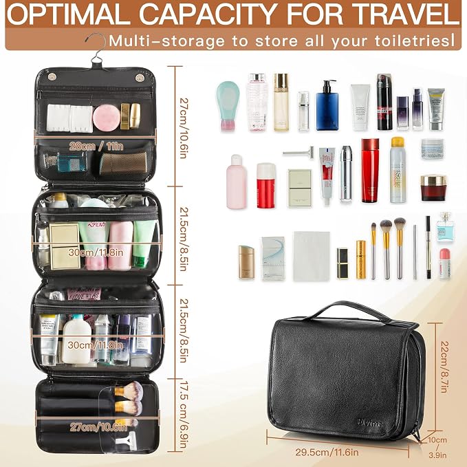 Elviros Hanging Toiletry Bag Removable Travel Bag PU leather Makeup Cosmetic Organizer Kit, Black | Removable Travel Organizer Bag for Cosmetics, Toiletries, Makeup Tools, and Daily Essentials with Easy Carry Design