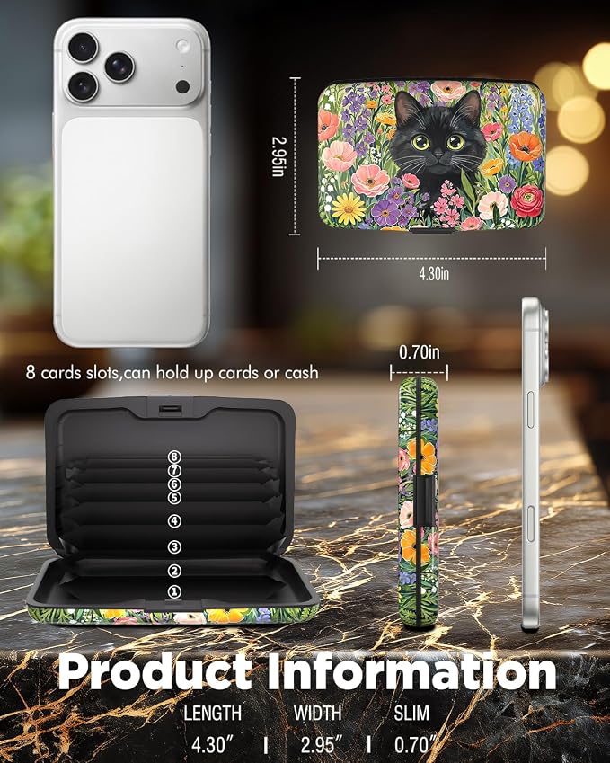 Maicican RFID Blocking Aluminum Credit Card Holder | Slim Metal Wallet for Women & Men, Business Card Case for Travel, Fits Front Pocket, Card holder wallet - Flower Cat