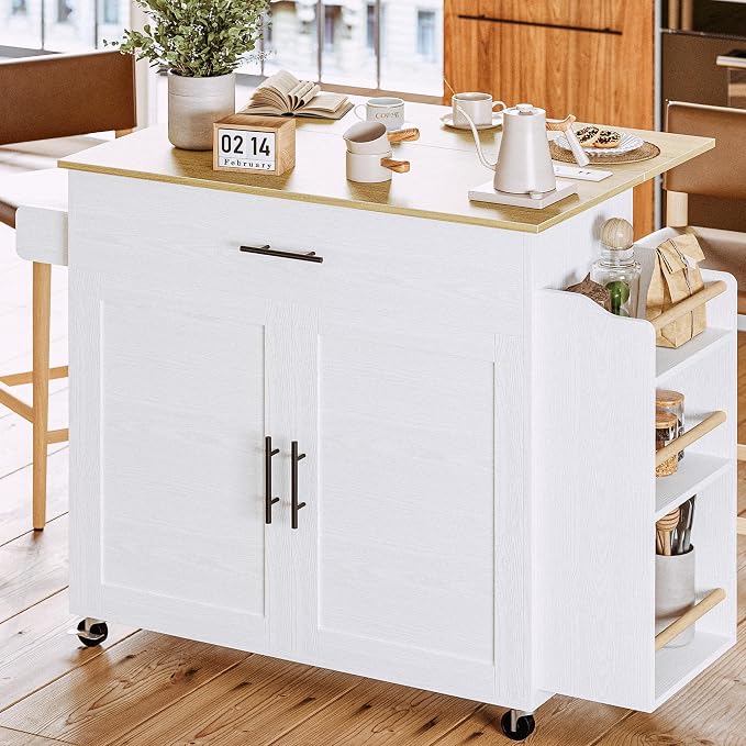 IRONCK Kitchen Island with Storage, Charging Station and Drop Leaf, White | Wheels, Drawers, Open Shelves, Drawer Storage, Everyday Home Use