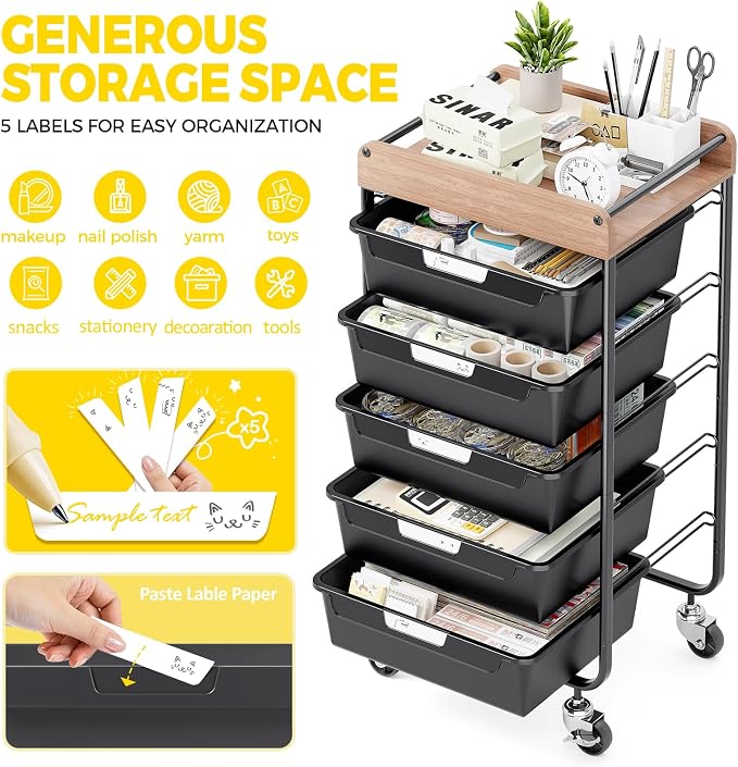 SYKIARIOL Utility Cart with 5 Labeling Drawers and Wooden Tabletop – Rolling Storage Cart for Crafters, Artists, Kids, Teachers, and Students – Organize Arts, Crafts, Sewing & Study Supplies