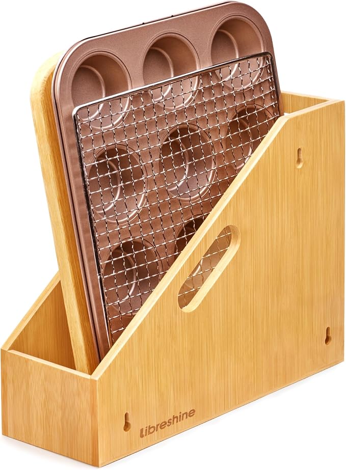 Libreshine Slim Bamboo Cutting Board Holder & Baking Sheet Organizer | Open-front design keeps small to medium boards and bakeware upright; size: 12.6 x 4.9 x 10.5 in. Measure before purchase