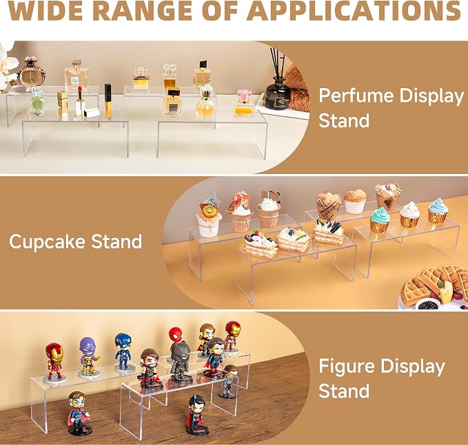 Aminigram 12 Pack Large Acrylic Risers Display Stands,Perfume Organizer Stand, Clear Acrylic Shelf for Show Decor Display, Toys, Cupcake and More(12.4 x 4 x 4.6 inches)