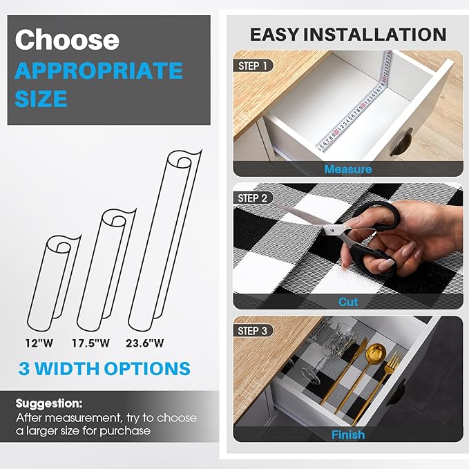 Coavas Shelf and Drawer Liner, Non Slip Extra Grip Non Adhesive Waterproof Thickened Cabinet Mat, Easy Cut for Kitchen Pantry Bathroom Dresser Cupboard (Black Stripe, 12IN x 20FT)