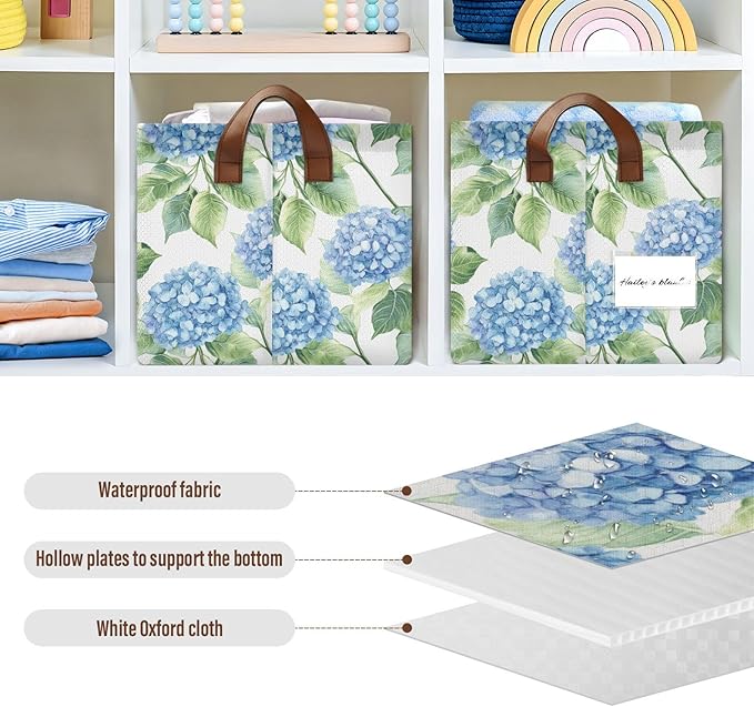 Watercolor Blue Hydrangea Flowers Storage Bins for Shelves with Labels&Handles Fabric Organizer Bin Foldable Rectangle Storage Basket Boxes for Closet, Bathroom, Home, Living Room, 2 Pack