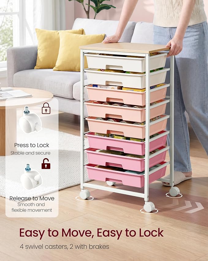 VASAGLE 8-Drawer Rolling Storage Cart, Utility Cart with Wheels and Wood Top, Craft Organizer for Office and Home, 15.6 x 11.2 x 30.1 inch, Pink and White, BENCO Collection ULRC006S101