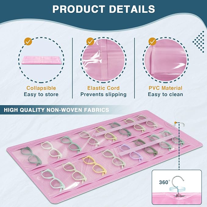 Hanging Sunglasses Organizer and Storage, 32 Slots Jewelry Holder, Pink | Protect eyewear from dust with double-sided clear compartments; roof design hangs on wall, door or closet for home/RV travel.