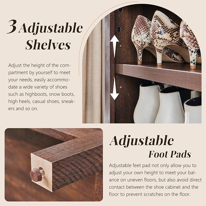 IFGET 71" Tall Arched Shoe Storage Cabinet, 8 Tiers 16 Pairs Wooden Shoe Rack with 3 Adjustable Shelves, Freestanding Shoe Closet Shelf Organizer for Entryway, Hallway, Living Room (Brown)