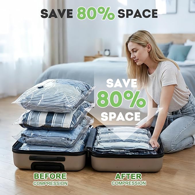 12 Pack Vacuum Seal Bags for Clothing Travel with -60000Pa USB Pump, Save 80% of Space for Clothes (12 Combo Size)