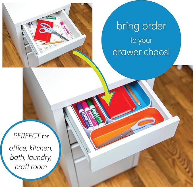 Three by Three Seattle 10 Piece Metal Organizer Tray Set for Storing Makeup, Stationery, Utensils, and More in Office Desk, Kitchen and Bathroom Drawers (2 Inch, Assorted Colors, Stripes)