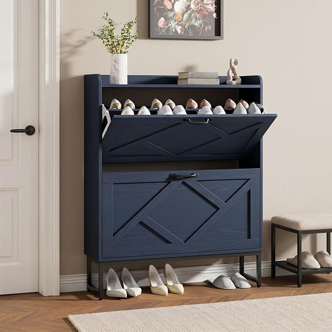 Nicetree Shoe Cabinet Storage for Entryway, Slim Shoe Storage Cabient with 2 Flip Drawers, Narrow Vertical Shoe Rack Cabinet with Metal Hooks, Small Space Solution for Hallway, Blue