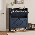Nicetree Shoe Cabinet Storage for Entryway, Slim Shoe Storage Cabient with 2 Flip Drawers, Narrow Vertical Shoe Rack Cabinet with Metal Hooks, Small Space Solution for Hallway, Blue