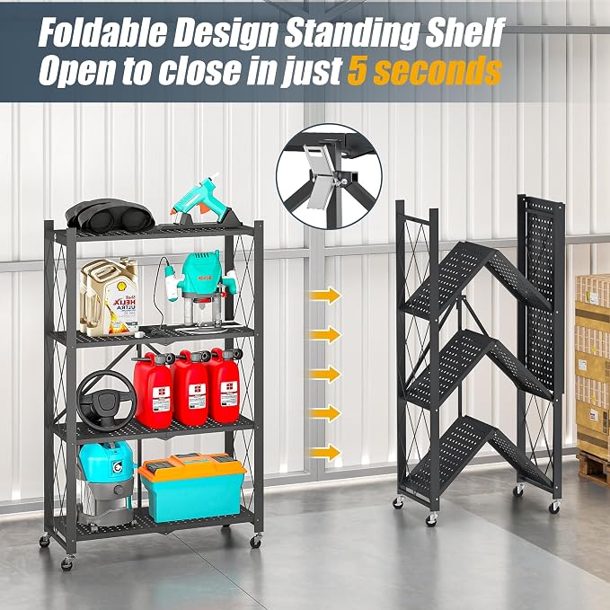 Fenbeli 4 Tier Folding Storage Shelf with Wheels, Heavy Duty Metal Shelving Unit No Assembly, Foldable Rolling Storage Rack 600 LBS Capacity, Locking Casters for Garage Kitchen Pantry(Black, 4 Tier)