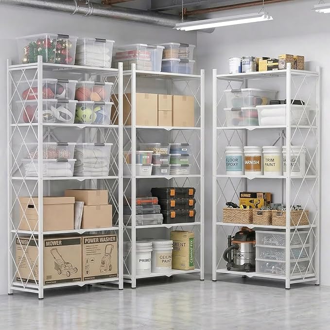 DEANIC 70.7" Tall Extra Large 5-Tier Folding Storage Shelf with Wheels, No Assembly Collapsible Metal Rack with Leveling Feet for Garage, Pantry, Basement, Vendor Display, Kitchen(White,1 Pack)