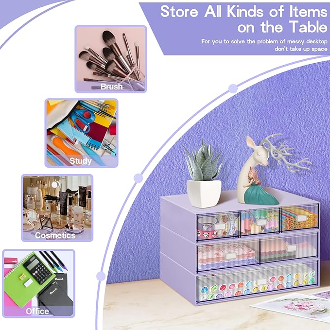 3 Tier Stackable Desk Organizer with 6 Drawers, Plastic Desktop Storage Box Drawers, Detachable Makeup Storage Office Stationery Supplies Organizer for Office School(Purple)