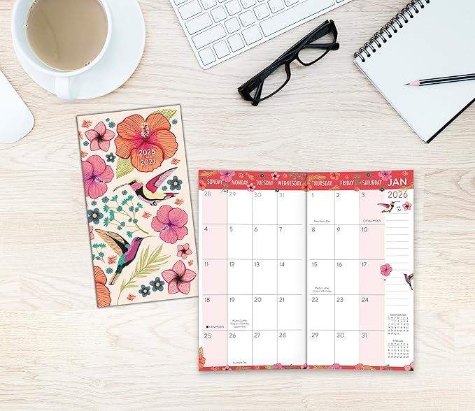 2026 Pocket Calendar Planner, 2-Year Monthly Calendar Book (24-Month): January 2026 – December 2027, Purse Size 6.5" x 3.5", Hummingbird Flowers