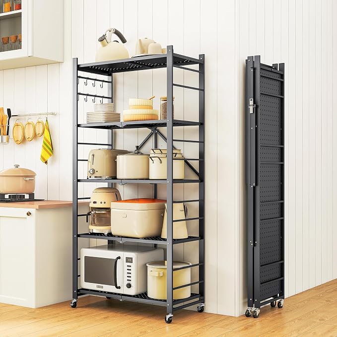 Fenbeli 5 Tier Folding Storage Shelf with Wheels – Heavy Duty Metal Organizer Rack, No Assembly Collapsible Utility Shelving Unit for Garage, Kitchen, Pantry, Basement, Office (Black-A, 5 Tier)