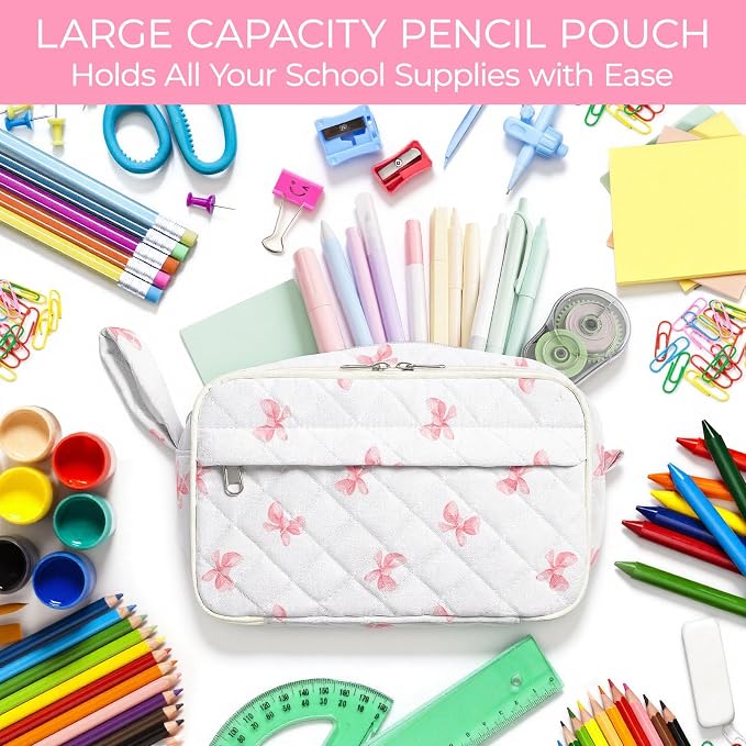WOBAGMEN Quilted Pencil Pouch for Girls Women, Large Pencil Case Pouch with Compartments Cute Aesthetic Pencil Case Organizer, Floral Pencil Bag for School Supplies (Pink cute Bow)
